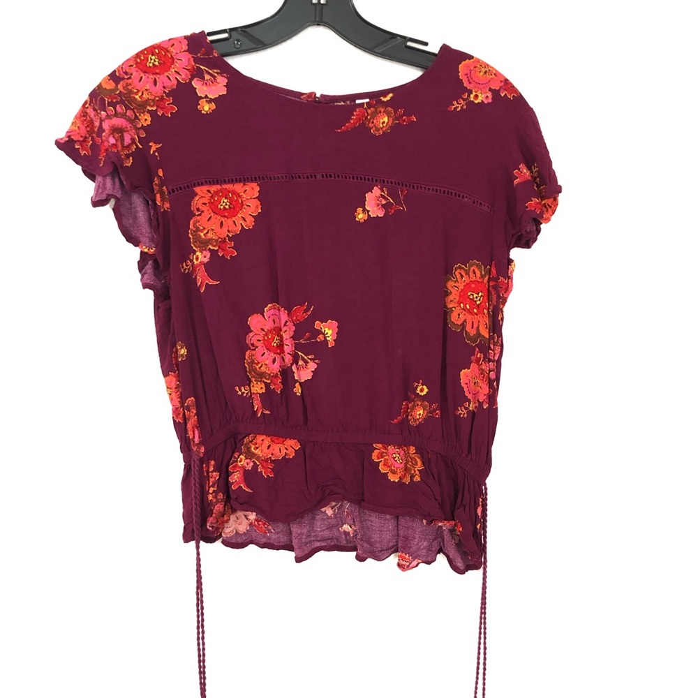 Maroon floral top with cinched waist